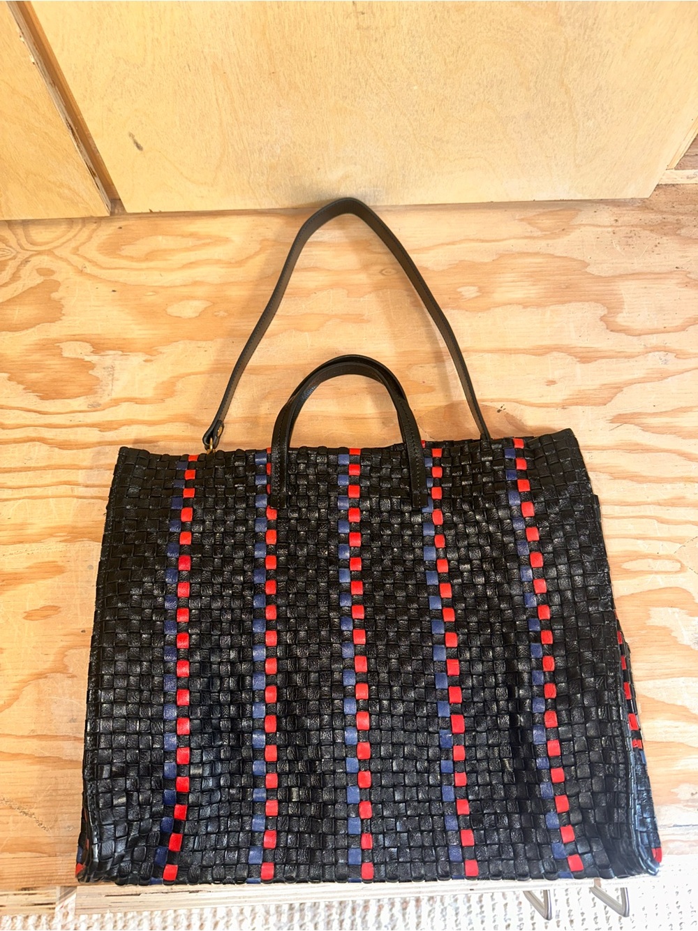 CLARE V. Woven Black Tote with Red and Navy Accent Stripes - Picture 3 of 12